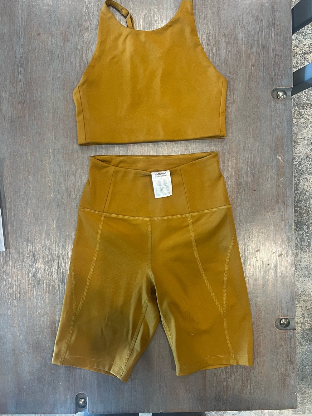 girlfriend collective Mustard High-Waist Biker Shorts with Matching Bra